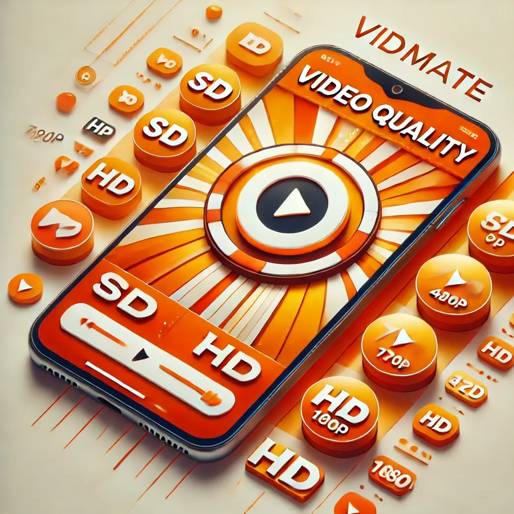 DALL·E 2024 12 25 12.06.54 A visually engaging illustration in orange and white colors that highlights video quality selection in a mobile app like Vidmate. The image features a 1