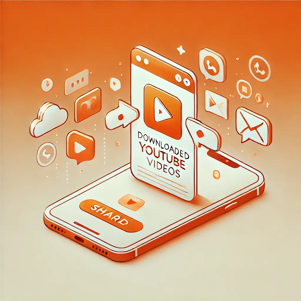 DALL·E 2024 12 25 12.21.45 A simple and clean illustration in orange and white tones highlighting the ease of sharing downloaded YouTube videos with Vidmate. The image features 1