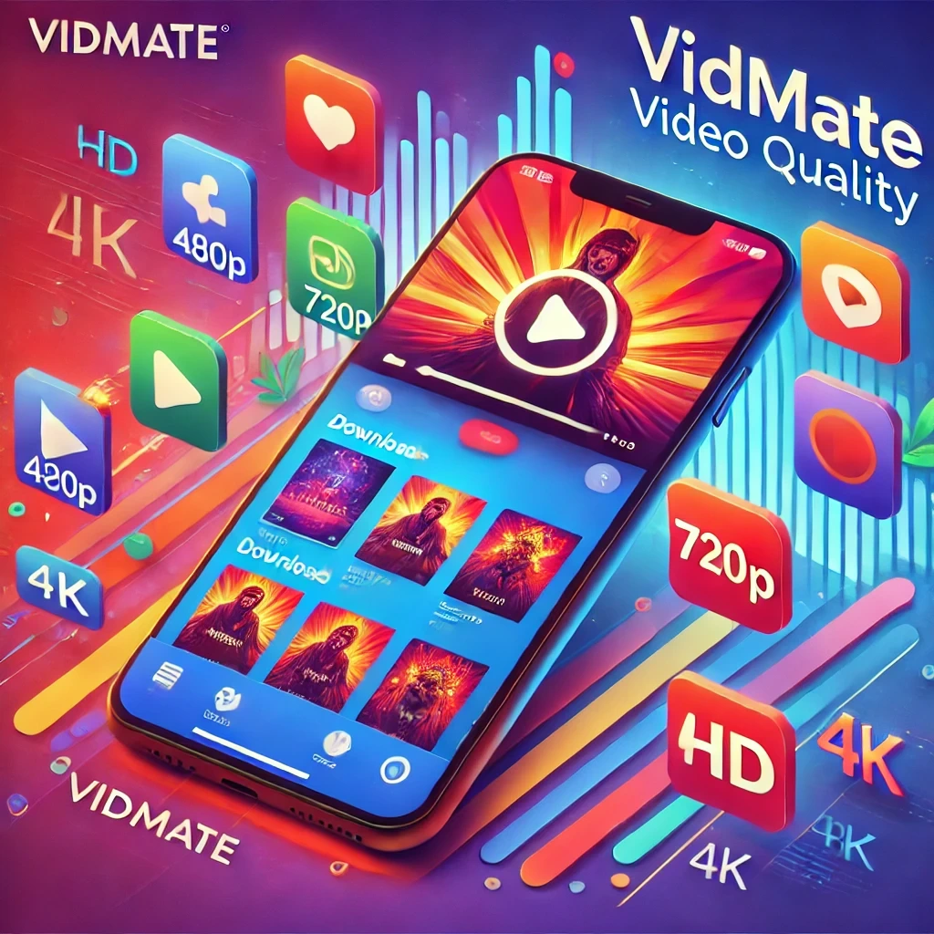 DALL·E 2024 12 12 15.56.36 An illustration representing Vidmate video quality. The image shows a smartphone screen displaying the Vidmate app interface with options to download 1